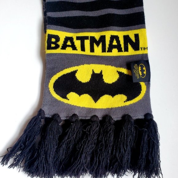 BATMAN Logo Long Knit Scarf Winter Scarf Fringe Ends Grey Black Yellow DC Comics - Picture 2 of 4